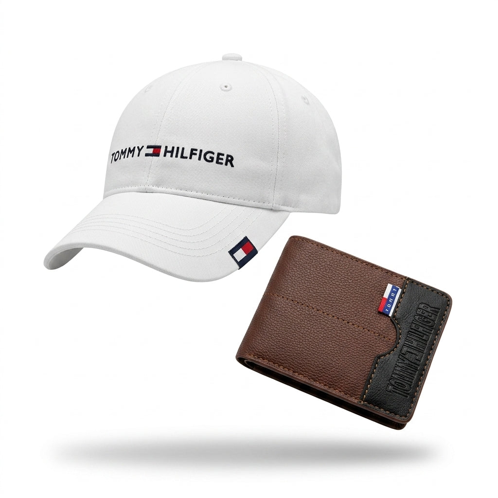 GORRA GRIS TOMMY + BILLETERA MARRON CON NEGRO