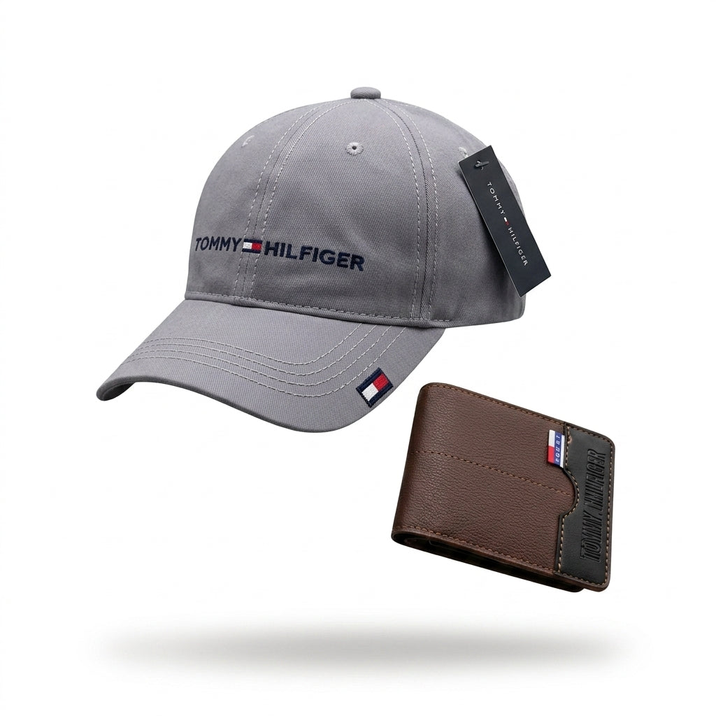 GORRA GRIS TOMMY + BILLETERA MARRON CON NEGRO