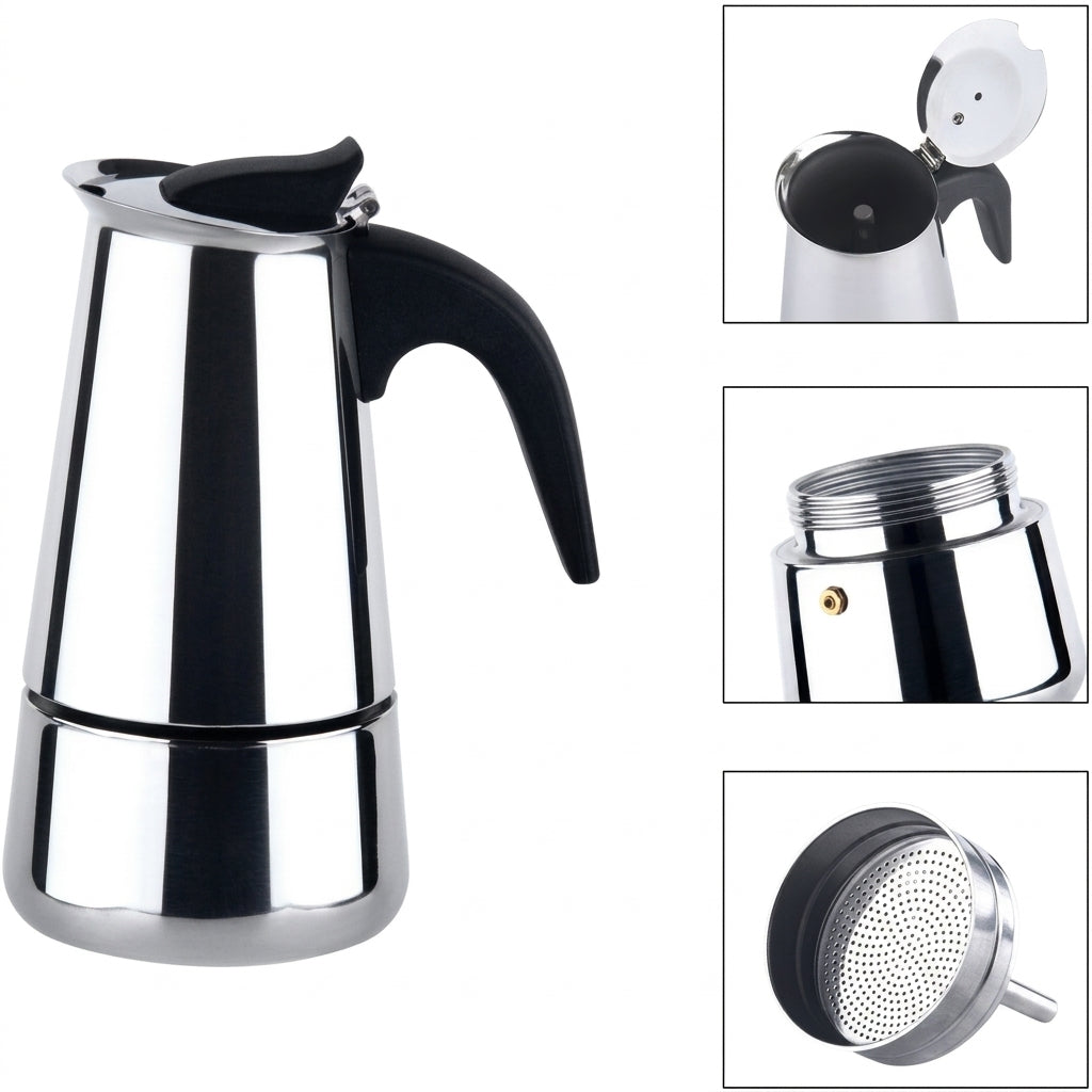 Cafetera espresso Saiyam de acero inoxidable sobre fondo blanco