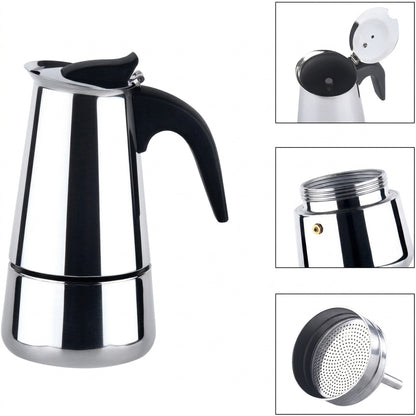 Cafetera espresso Saiyam de acero inoxidable sobre fondo blanco