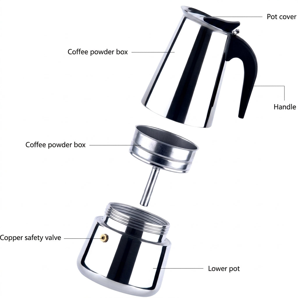 Diagrama de piezas de la cafetera espresso Saiyam: filtro, embudo y base