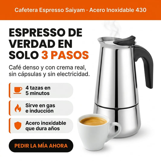 Cafetera espresso Saiyam de acero inoxidable, 4 tazas, con infografía de beneficios