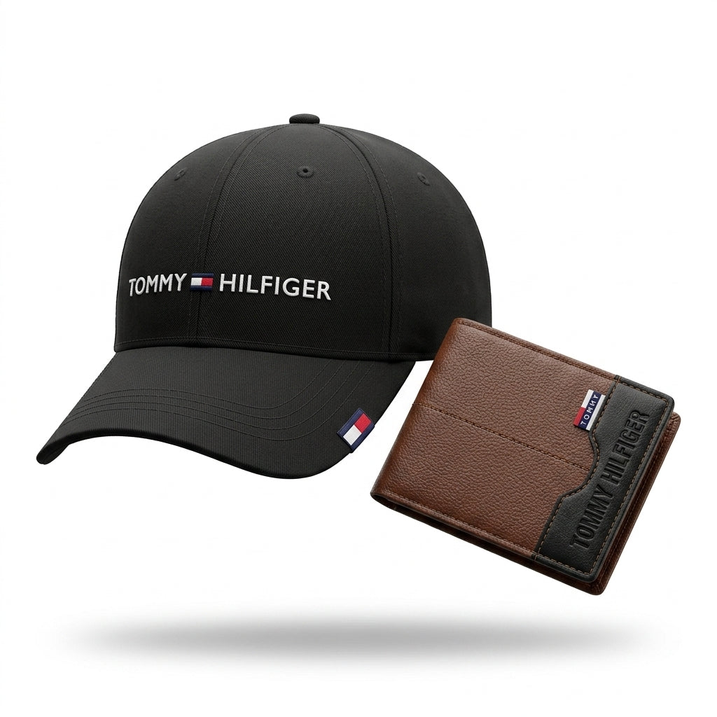 GORRA GRIS TOMMY + BILLETERA MARRON CON NEGRO