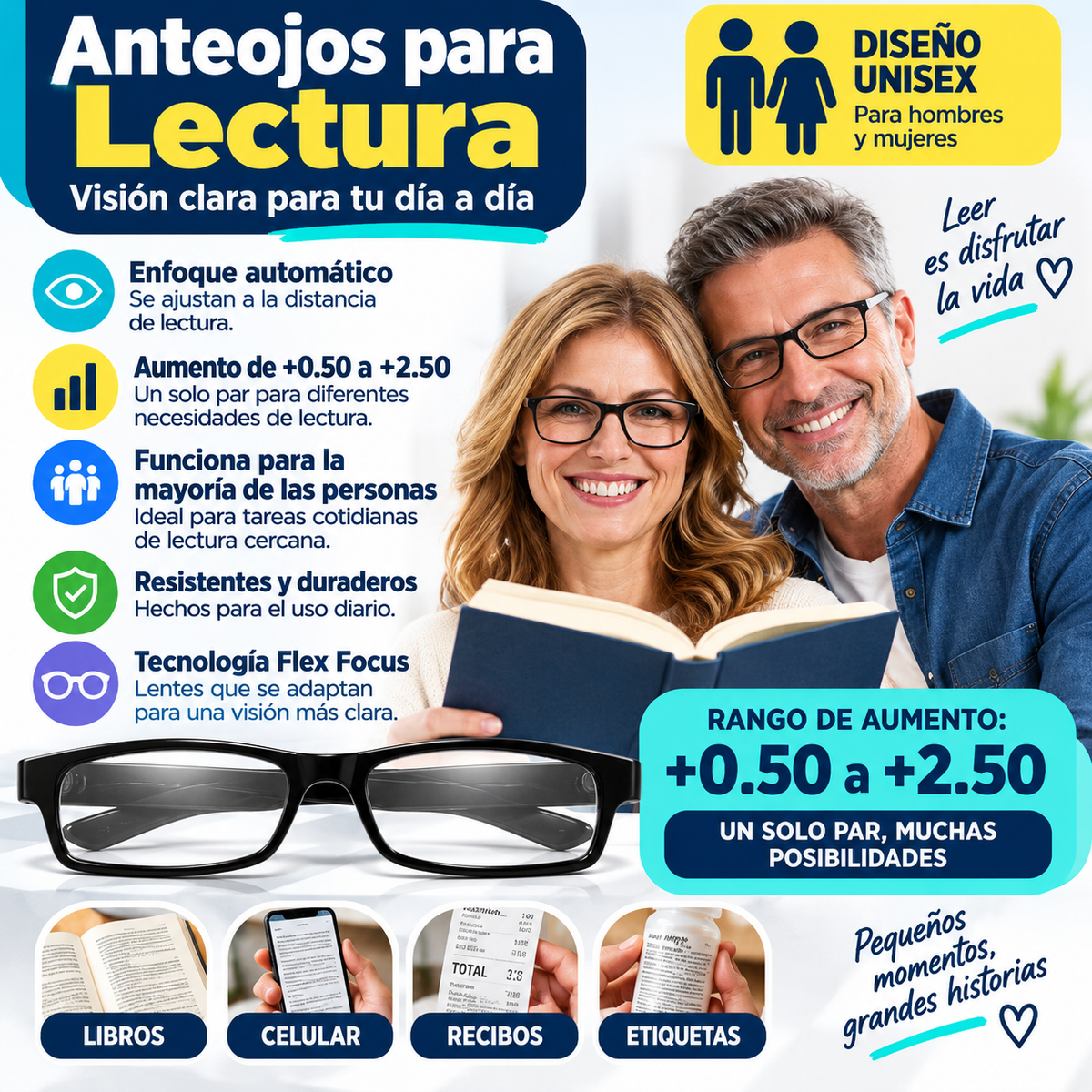 Anteojos para Lectura (Rango 0.50 a 2.50)