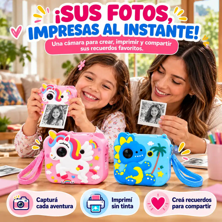 Cámara con impresora térmica rosada de unicornio y azul de dinosaurio para niños