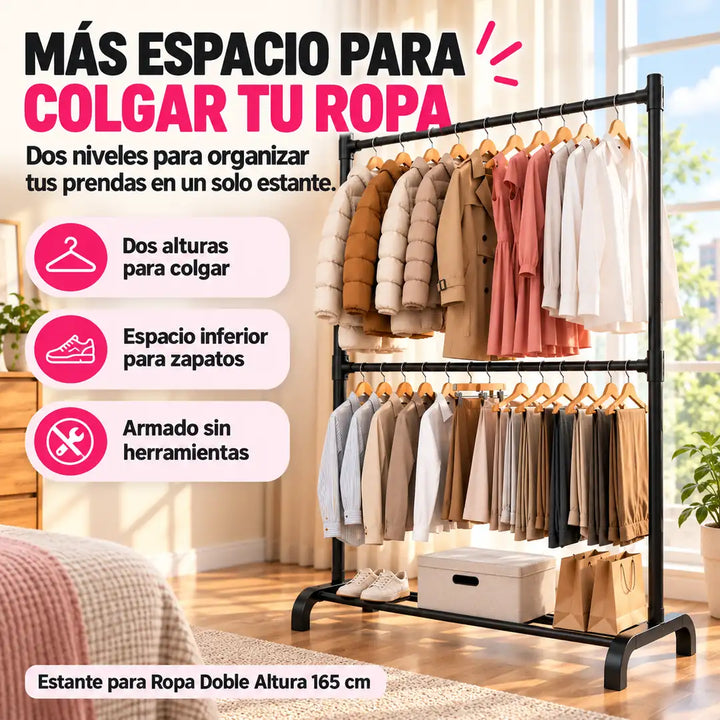 Estante para ropa de doble altura de 165 cm con ropa colgada y zapatos abajo
