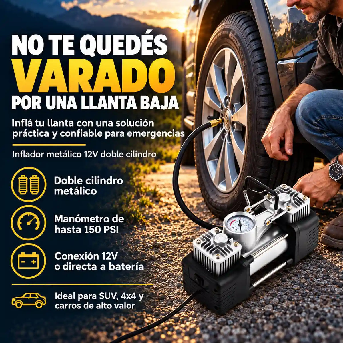 Inflador de Llanta Doble Cilindro Metálico 12V