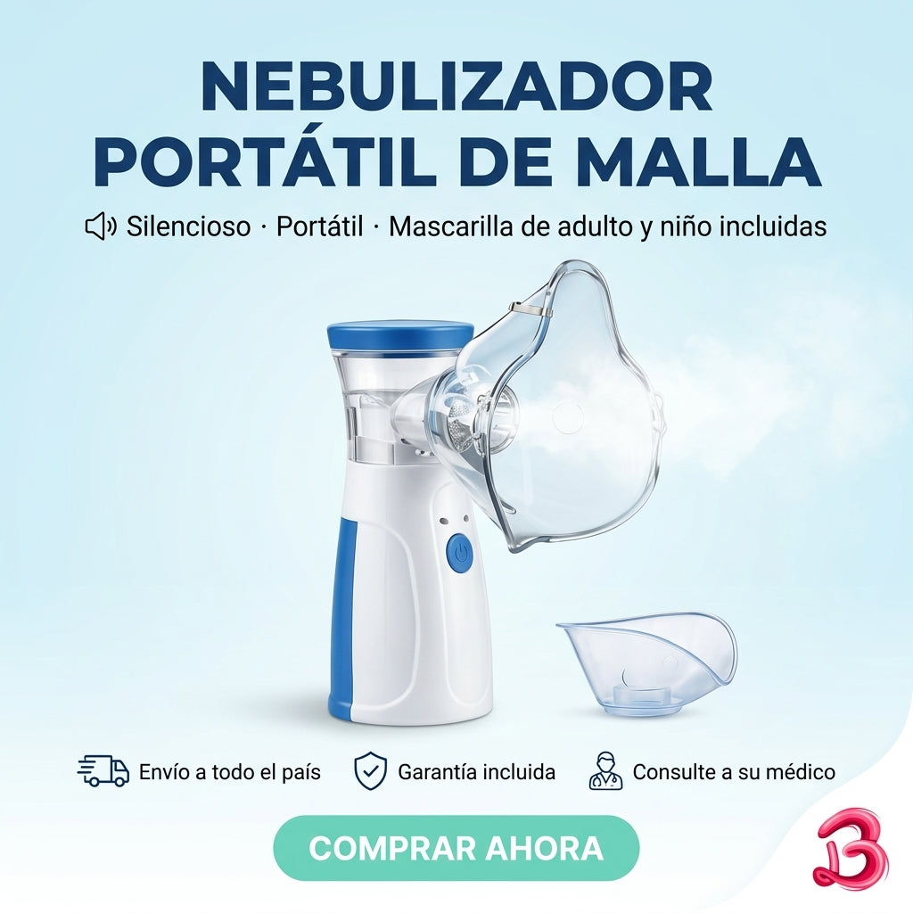 Nebulizador portátil de malla con mascarilla y boquilla, silencioso y con mascarilla de adulto y niño incluidas
