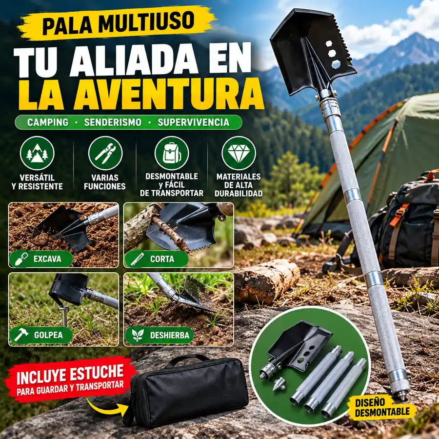 Pala multiuso de camping desmontable con estuche en un campamento de montaña