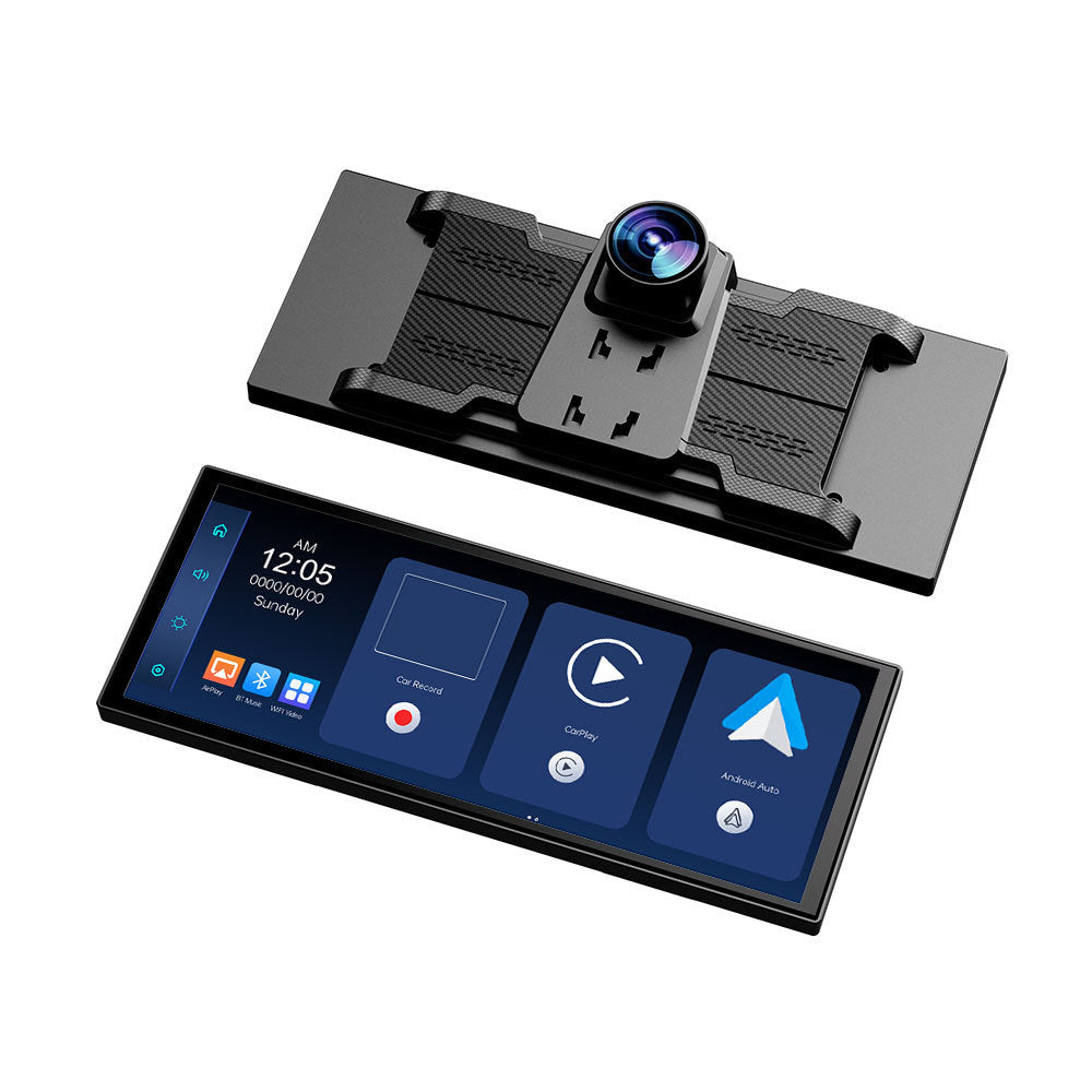 Vista frontal y trasera de la pantalla para auto con el lente de la dash cam 4K y la placa de montaje