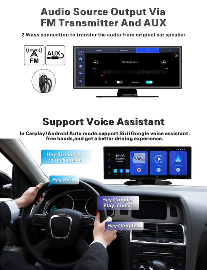 Salida de audio por transmisor FM y cable AUX, y asistente de voz en modo CarPlay o Android Auto