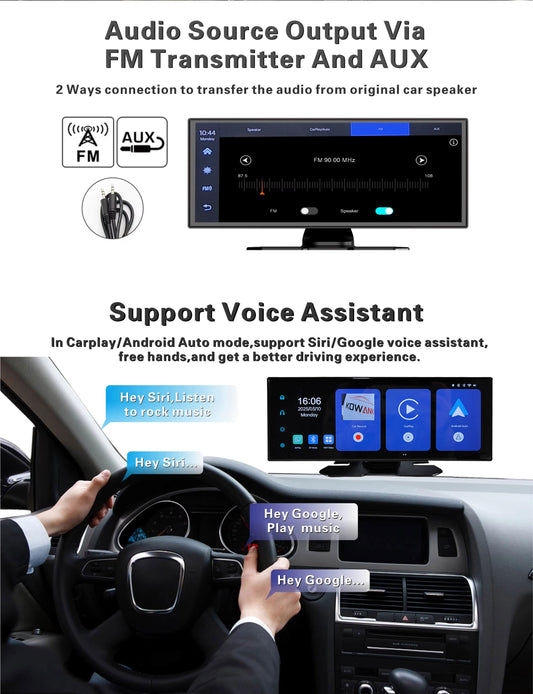 Salida de audio por transmisor FM y cable AUX, y asistente de voz en modo CarPlay o Android Auto