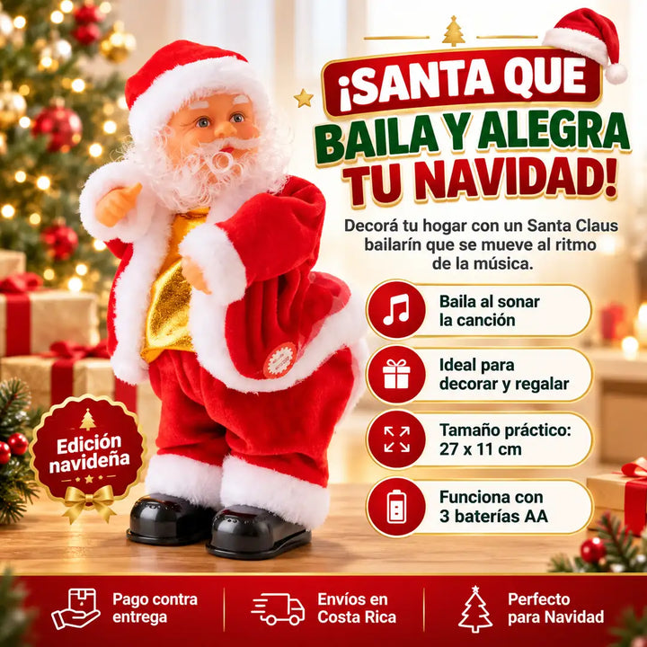 Santa Claus bailarín de 27 cm con traje rojo frente a un árbol de Navidad